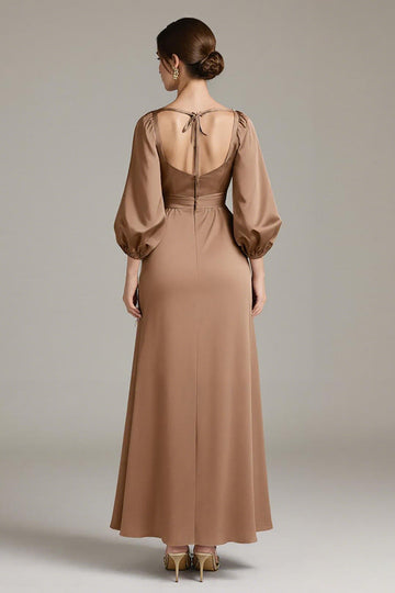 Terracotta Floral Satin V-Neck Sheath Long Formal Dress with Sleeves